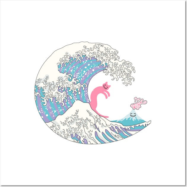 Psychodelic Bubblegum Kunagawa Surfer Cat Wall Art by XOOXOO